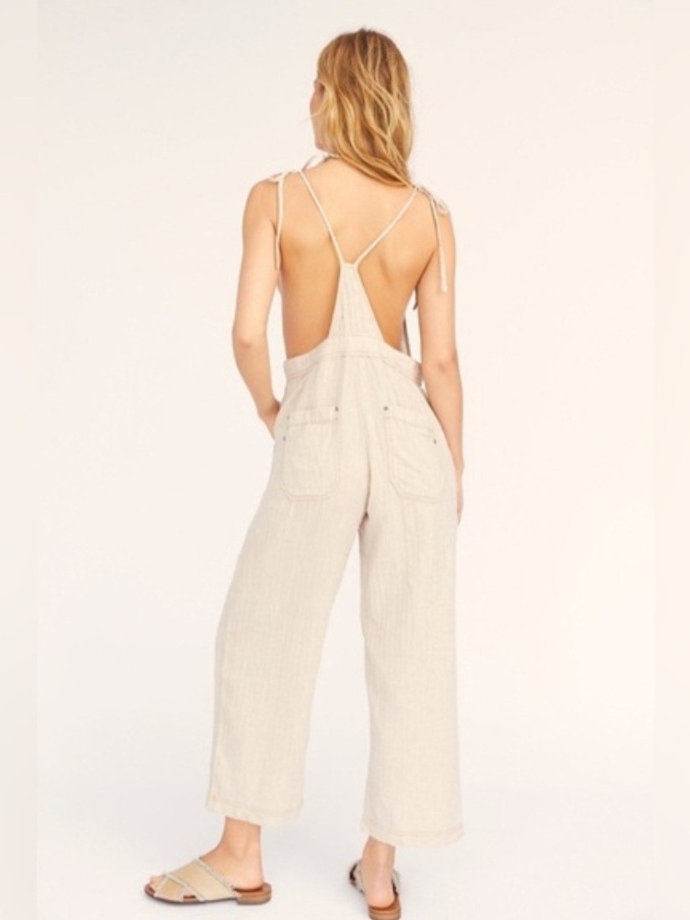 Free People Linen Blend Natural Sights Overalls Size L - Picture 16 of 16